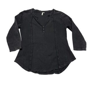 Cato Henley Top Womens Large Black Thermal Knit 3/4‎ Sleeve Raw Seam